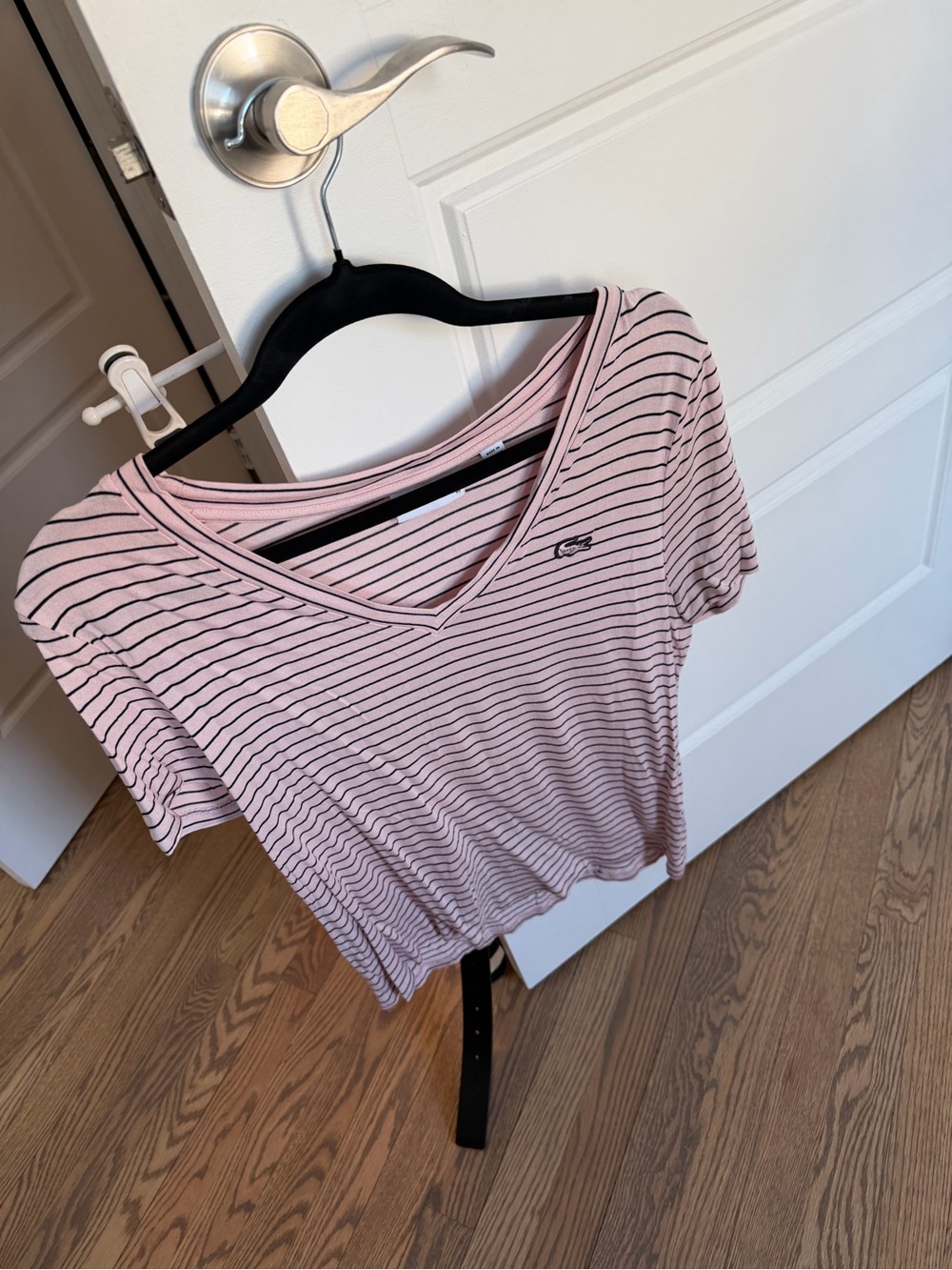 Lacoste Pink & Black Striped V-Neck Tee